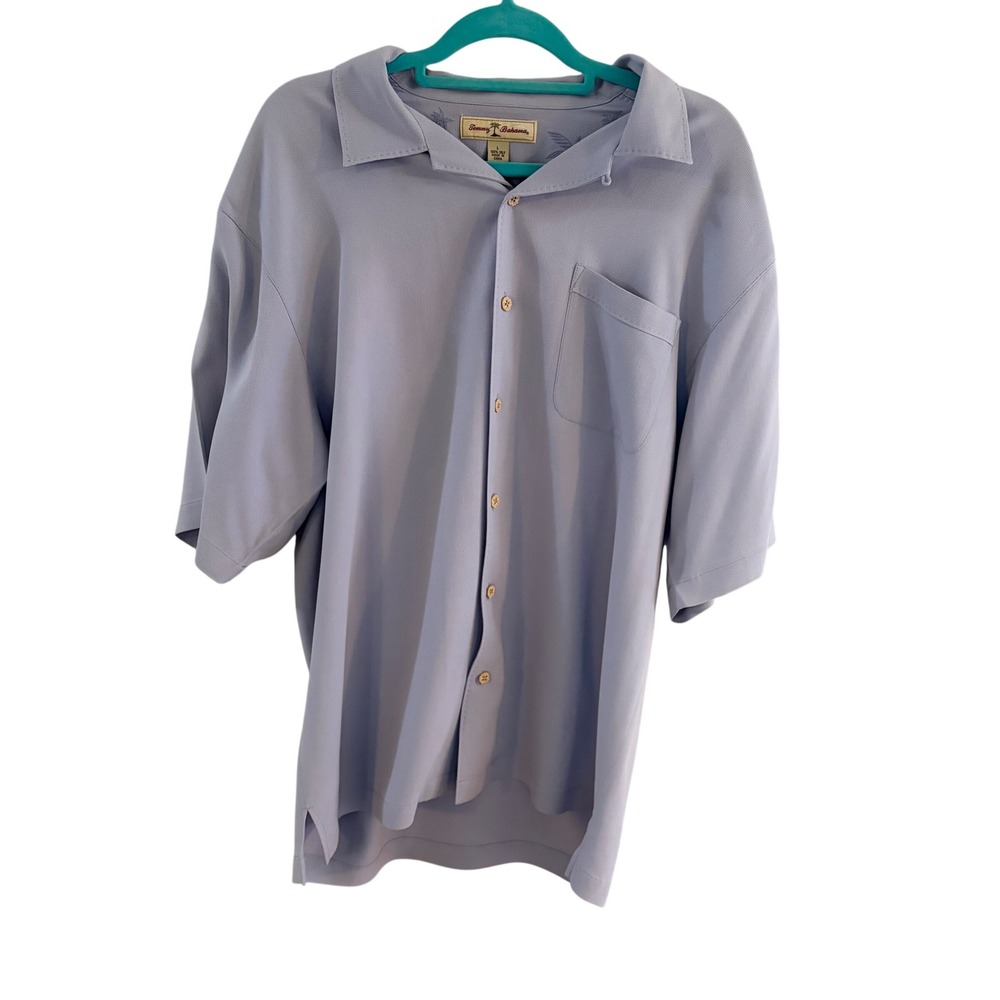 Tommy Bahama 100% Silk Short Sleeve Button Up Shirt Blue Hawaiian Vacation Large
